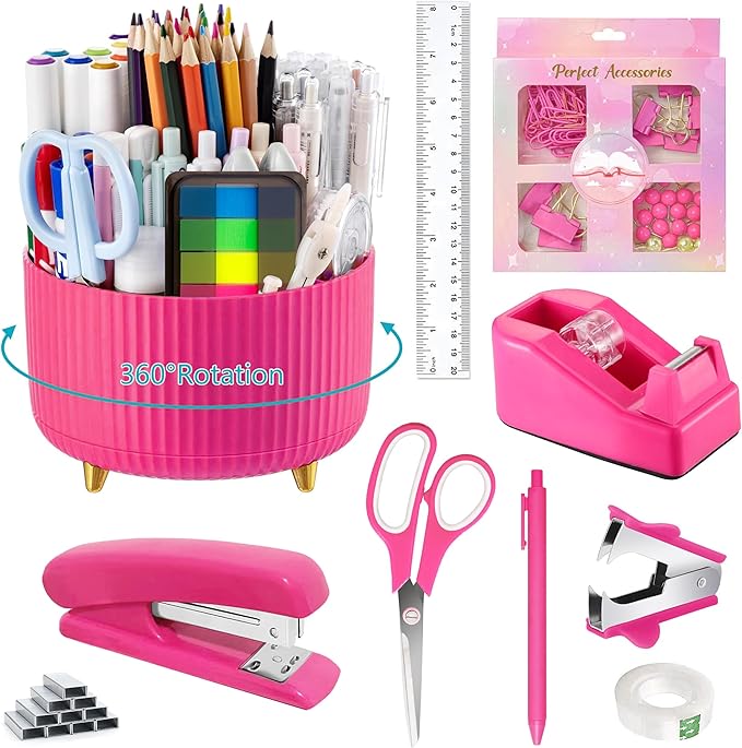 Hot Pink Desk Accessories, Hot Pink Office Supplies 360°Pen Holder Desk Organizers and Accessories with Tape Dispenser, Stapler, Staple Remover, 1000 Staples, Tape, Clips Set, Ruler, Scissor, Pen