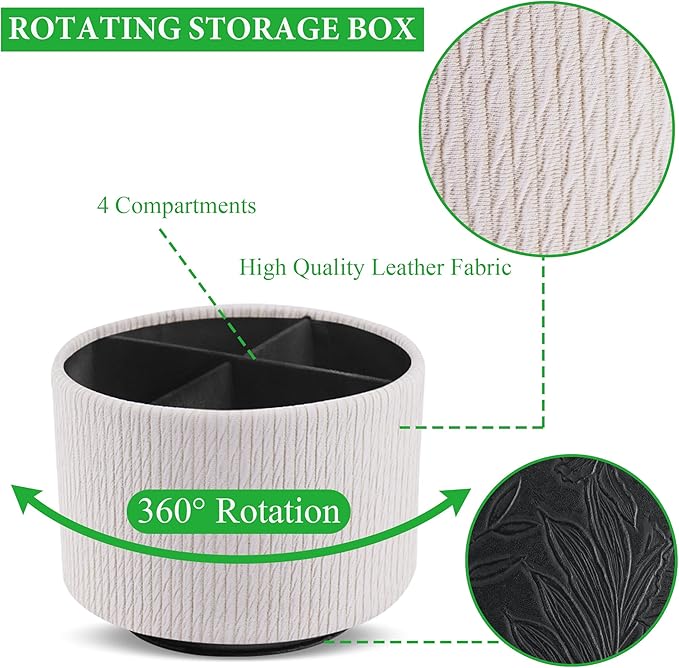 Hennaja Round Leather Art Supply Organizer,Remote Control Holder,360 Degree Spinning,Multi-Functional Pencil Holder,4 Compartments Desktop Stationary Organizer(1-Wood Beige)