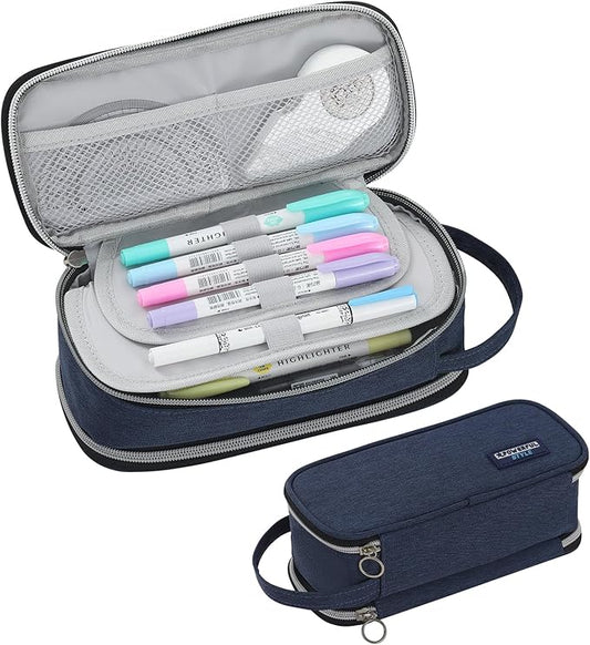 Pencil Case Large Zipper Pencil Pouch for Girls Kids Teens Adults Aesthetic Pencil Bag Stationery Organizer Pencil Case with Handle for School Blue