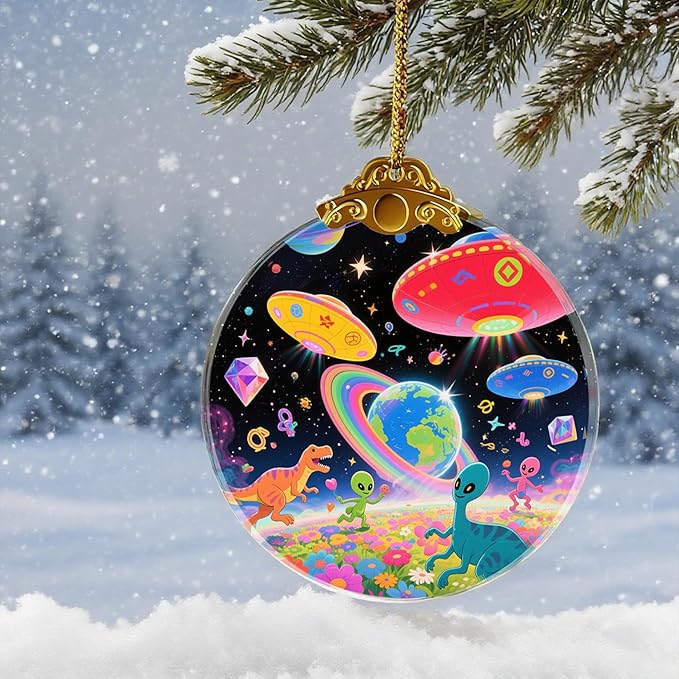 UFO Alien Glass Ornaments, UFO, Dinosaur & Alien Christmas Ornament for Christmas Tree Decor, Holiday Presents, Exchange Ideal Gift for Space & Fantasy Lovers