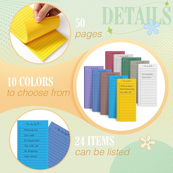 Censen 10 Pack 500 Sheets To Do List Notes Daily Checklist Notepads with 50 Sheets Each Undated Color Memo Pad Block Shopping List Pad Weekly Plan Notepad Organizer Planners(Assorted Color,Lined)