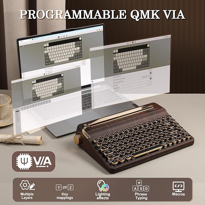 YUNZII QL75 Wireless Typewriter Hot Swap Retro Mechanical Keyboard,Punk Round Keycaps,RGB Backlit QMK/VIA Programmable, Multi-Device Keyboard with 2.4GHz/Type-C/BT5.0 (Wood, Onyx Switch)