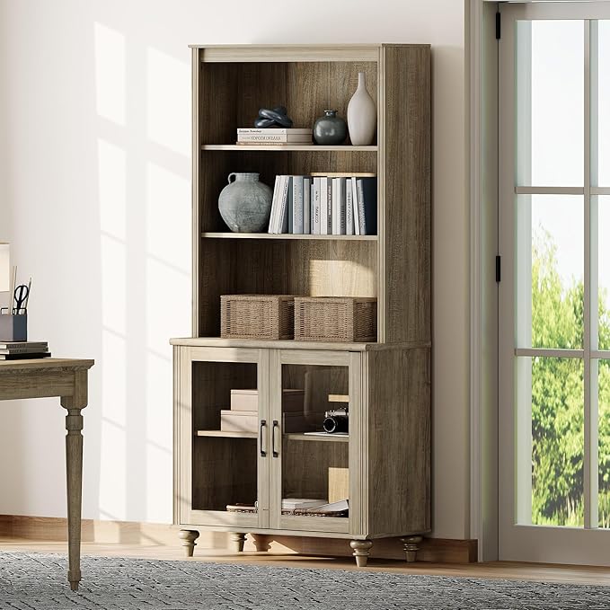 WAMPAT 5 Tier Farmhouse Bookshelf 72" Tall Bookcase with Glass Doors, Large Display Book Shelf with Adjustable Shelves and Storage Cabinet, Wood Bookshelves for Living Room & Study Room, Wash Grey