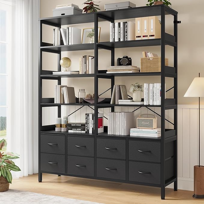 Bookshelf with 8 Fabric Drawers, 7-Tier Bookcase with Baffles Display Shelves, Industrial Large Book Shelf for Living Room Home Office, Black
