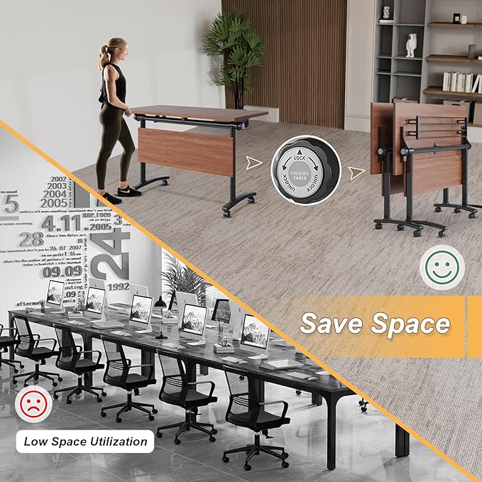 Conference Room Table with Silent Wheels, Mobile Folding Conference Table for 16 Person,Flip Top Office Training Tables with Walnuts Wood Tabletop, for School,Business Meeting Rooms (8Pack 71in)