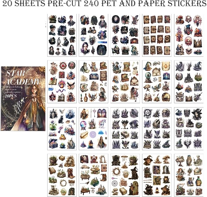 Fantasy Scrapbook Stickers 20 Sheets 240 Pre-Cut Magic Washi Stickers for Journaling PET Transparent Book Sticker Decorative or DIY Paper Crafts, Arts and Crafting Projects