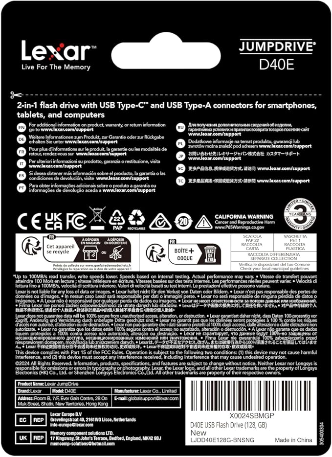 Lexar D40E 128GB Dual USB 3.2 Gen 1 Type-C Jump Drive, USB-C Flash Metal Housing Swivel Design Thumb Drive