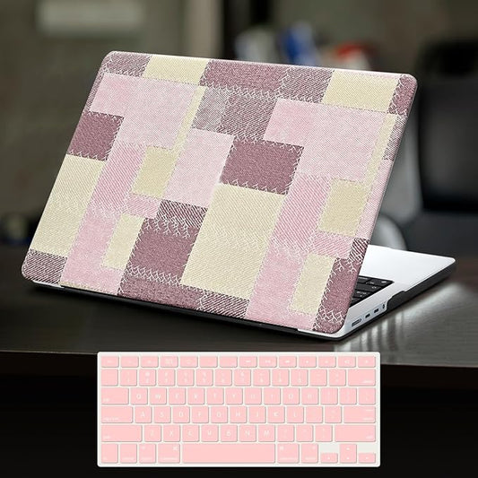 DTangLsm Checkered Case for MacBook Air 13 inch 2025 2024 2023 2022 M4 M3 M2 A3240 A3113 A2681, Checkerboard Grid Textured Leather Hard Shell Cover for MacBook Air 13.6 inch Case & Keyboard Cover,Pink