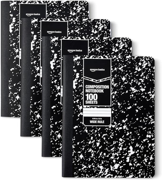 Amazon Basics Composition Notebook, Wide-Ruled, Sturdy Cover with Conversion Charts, for School, Home, and Office Use, 100 Sheets, 4-Pack, Marble Black, 9.75" x 7.5"