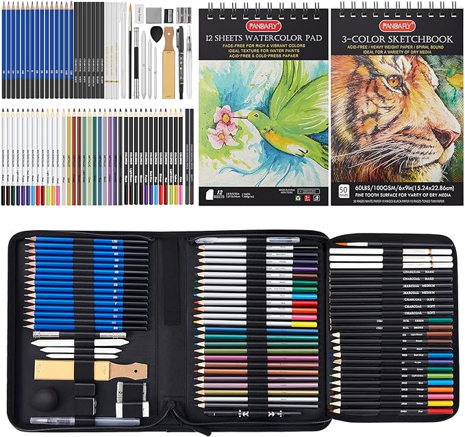 PANDAFLY 80 Pack Drawing Set Sketching Kit, Pro Art Supplies with 3-Color Sketchbook, Watercolor Pad, Colored, Graphite, Charcoal, Metallic Pencil, for Artist Adults Kids Beginner