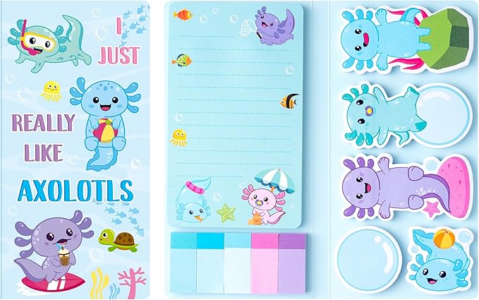 Xqumoi I Just Really Like Axolotl Sticky Notes Set, Animal Mexican Walking Fish Shaped Self-Stick Notes Pads Writing Memo Pad Page Marker Bookmarks Back to School Office Supplies Party Favors (Blue)