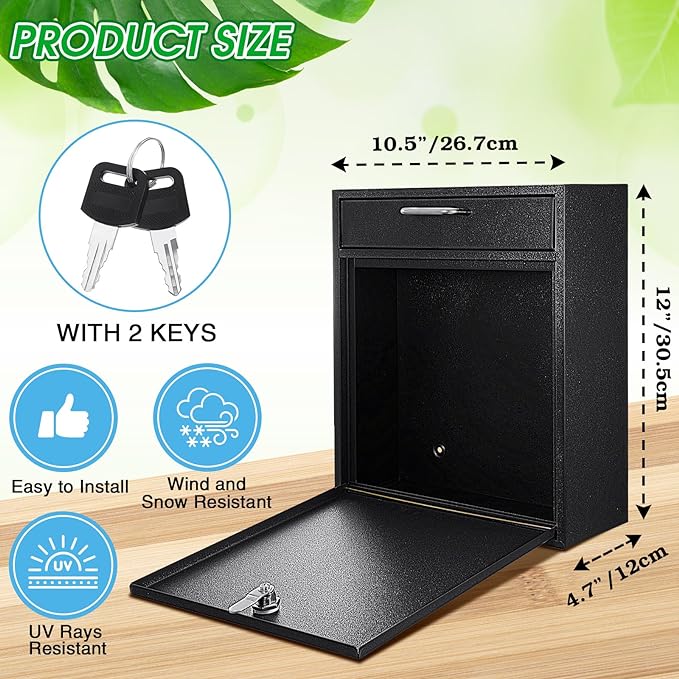 Locking Mailbox with Key for Outdoor 12 x 10.5 x 4.7 Inches Large Wall Mount Mail Box with Lock Security Mail Drop Metal Collection Boxes Hanging Secure Postbox(Black)
