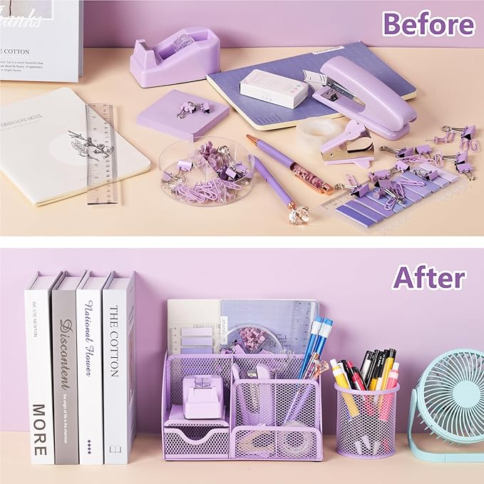 15 Pcs Purple Office Supplies Set Mesh Desk Organizer Accessories Kit Include Stapler Tape Dispenser Staple Remover Clips Ruler Scissors Sticky Notes for Office School Home Women (Purple)