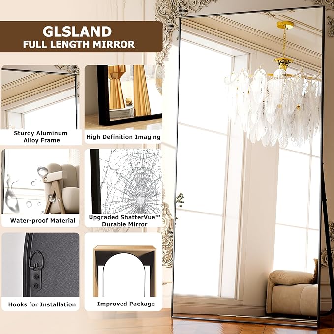 GLSLAND-38 x 77" Rectangular Full Length Mirror - Large Floor Mirrors Aluminum Alloy Frame Full Body Dressing Mirror for Bedroom, Living Room,Black