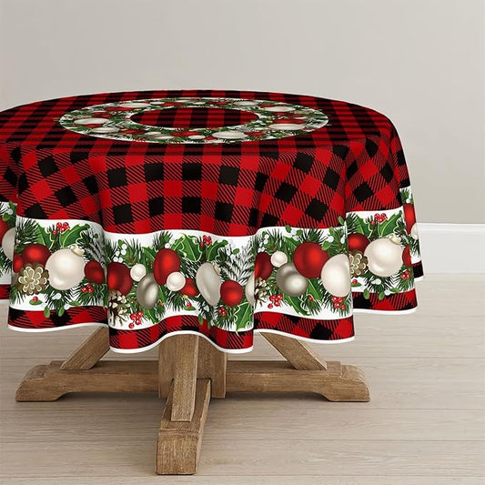 Horaldaily Christmas Tablecloth 60×60 Inch Round, Christmas Ball Ornaments Red Bufalo Plaid Washable Table Cover for Party Picnic Dinner Decor