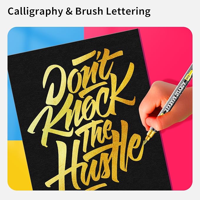 NAWOD 3 Gold Acrylic Paint Pens Markers, Dual Tip (Dot Tip + Brush Tip), for Rock Painting Fabric Canvas Glass Wood Ceramic Paper Eggs, Fabric Marker Ideal for Labeling DIY Crafts Art Projects