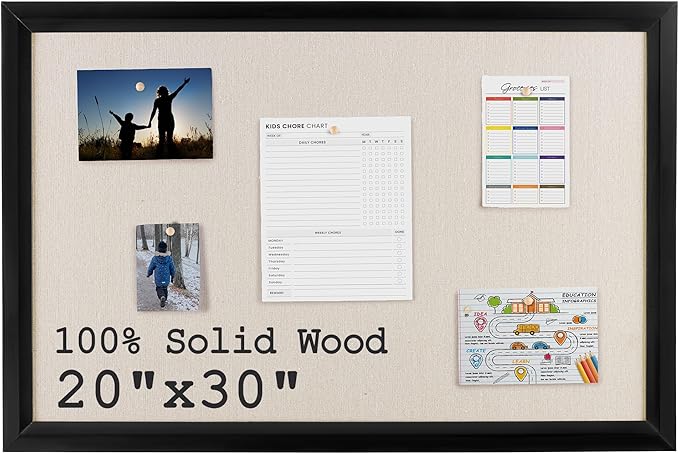 Bulletin Board Cork Board with Linen, 100% Wood Framed 30" x 20" Bulletin Board Decorations, Pin Boards for Walls, Wall Mounted Fabric Picture Board with 10 Pushpins for School, Home & Office, Black
