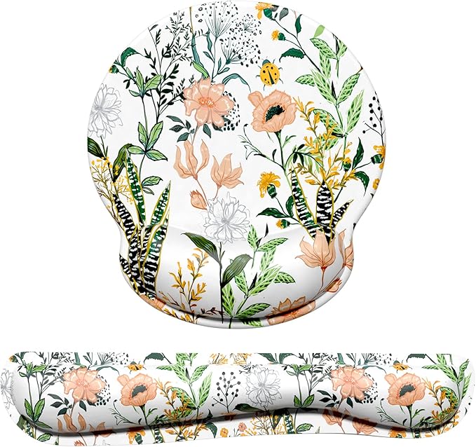 Dapesuom Keyboard Wrist Rest and Mouse Pad with Wrist Support, Cute Memory Foam Cushion for Keyboard and Mouse Set, Desktop Pad Rests with Non Slip Base for Easy Typing & Pain Relief, White Floral