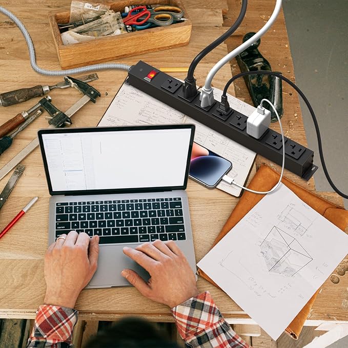 20 Amp Power Strip Heavy Duty, 12 Gauge Extension Cord for Appliance Workbench Garage Industrial, Metal 8 Outlets Combine with T-Plug Adapter 5-20R T-Slot, 1200J Surge Protector