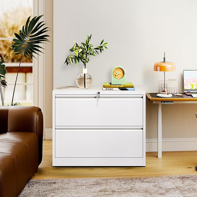 2-Drawer Lateral File Cabinet with Lock, Black Metal Filing Cabinet for Office or Home – Secure Storage for Letter/Legal/A4/F4 Documents, Easy to Assemble Locking File Organizer (White, 2 Drawer-28"H)