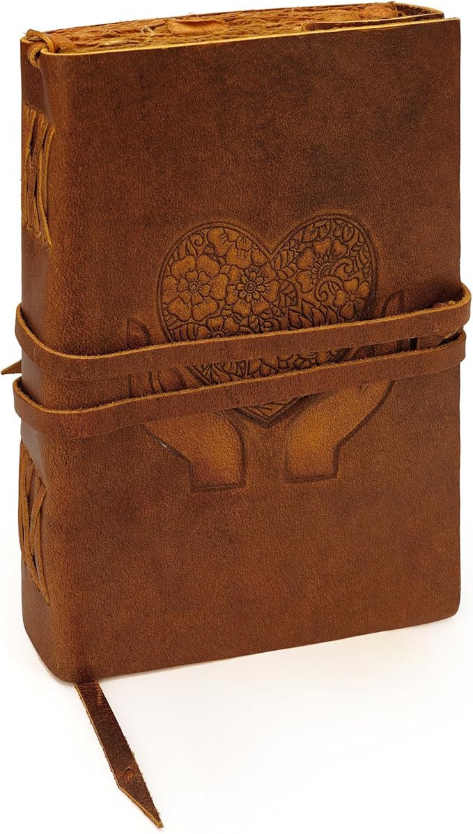 LUXEORIA Heart Journal for Women and Men, Handcrafted Leather Journal for Writing Womens, Leather Sketchbook, Travel Diary with Unlined Deckle Paper, Tan 7x10