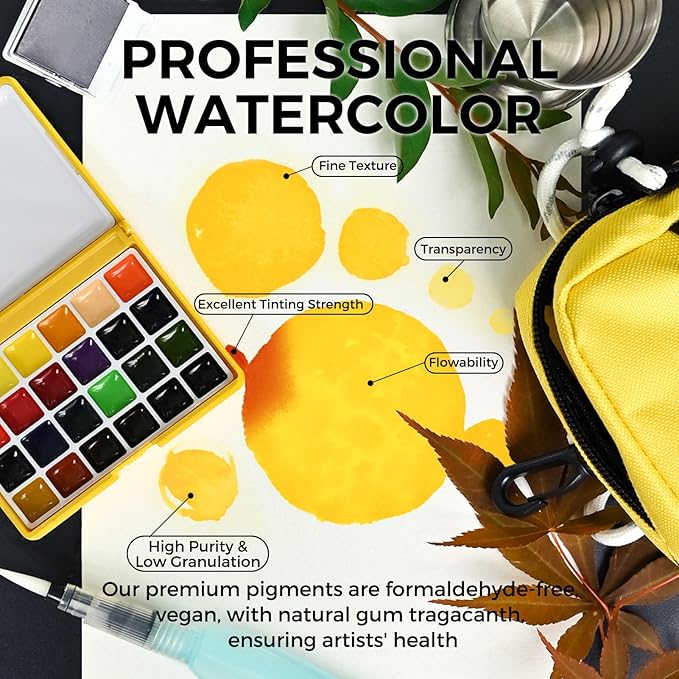 Funto Mini Watercolor Paint Set, All-In-One 24-Color Travel Paint Kit, with Crossbody Bag, Watercolor Journal, Paint Water Cup, Pocket Set for Artists
