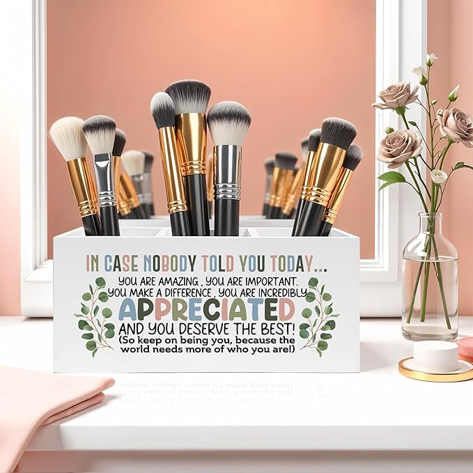 Boho Inspirational Pencil Pen Holder for Desk, Appreciation Gifts for Coworkers, Boss Gifts for Women Men Wooden Pencil Holder Organizer for Home Office Desk Accessories