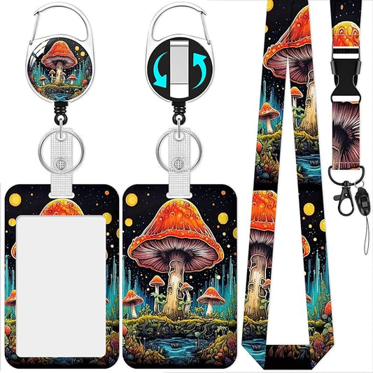 Mushroom Lanyards for Id Holder, ID Badge Holder with Retractable Lanyard, ID Holder with Badge Reel Clips, Name Tag ID Card Holder Teacher Women Doctor Office Gift