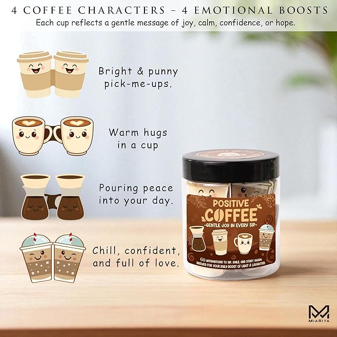 Positive Coffee Affirmation Jar – 60pcs Cute Emotional Support Coffeee – Coffee Gifts for Women, Men– Birthday Gift, White Elephant Gifts for Coworker, Boss, Teacher, Teens, Back to School Gift