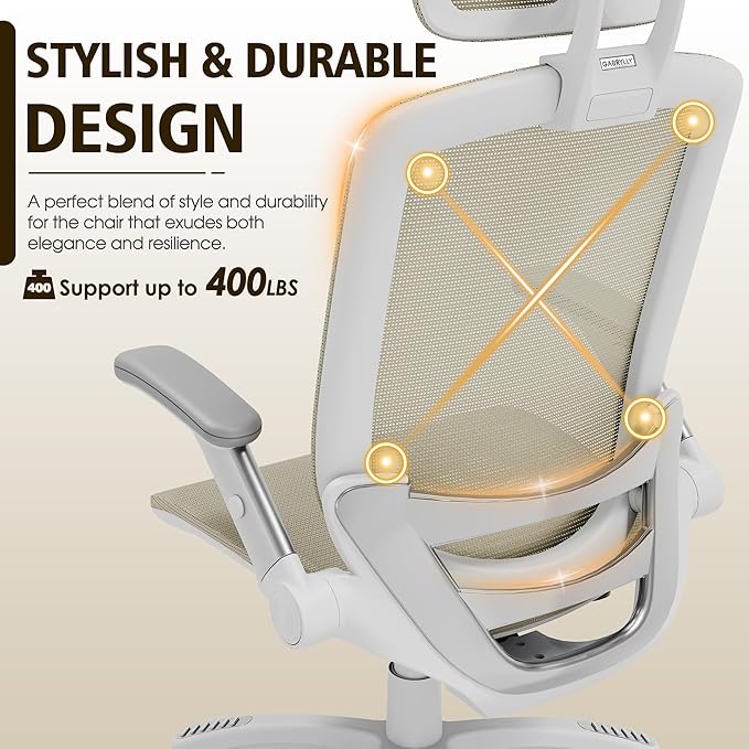 GABRYLLY Ergonomic Office Chair, High Back Home Desk Chair with Headrest, Flip-Up Arms, 90-120° Tilt Lock and Wide Cushion, 400LBS Mesh Chairs for Man Woman, White Task Chair(Beige,GY01WBG)
