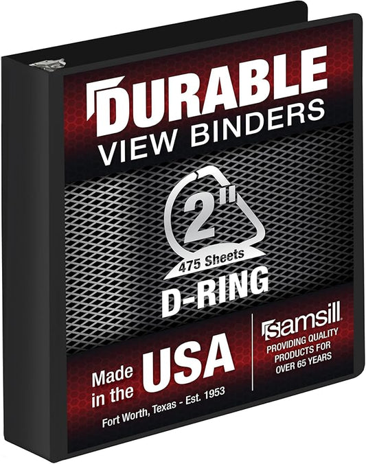 Samsill Durable 2 Inch Binder, Made in The USA, D Ring Binder, Customizable Clear View Cover, Charcoal Black, Holds 475 Pages