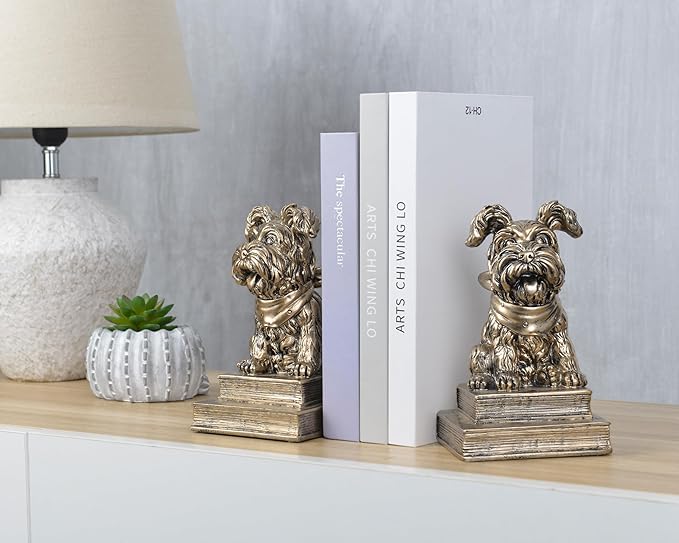 Vintage Antique Gold Dog Bookends,Decorative Book Ends for Shelves,Creative Resin Schnauzer Statues Book Holders for Desk Home Office Bookshelf Decoration,Gifts for Dog Enthusiasts