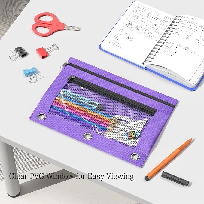 DoDoMagxanadu Binder Pencil Pouches, Pencil Pouch for 3 Ring Binder, Double Pocket Clear Window Pencil Case for Binder, Zippered Pencil Pouches with Rivet Enforced 3 Ring, 6 Pack