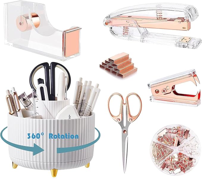 Desk Organizers and Accessories Set with 360-Degree Rotating Pen Holder, Acrylic Stapler, Tape Holder, Staple Remover, Binder/Paper Clips Kit, Scissor and 1 Box of Staples