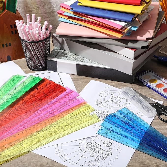 Zonon 50 Pcs 6 Inch/12 Inch Plastic Rulers Bulk Flexible Straight Rulers with Inches Centimeters First Day of School Gift Students Back to School Office Home Supplies(Clear Colorful,12 Inch)