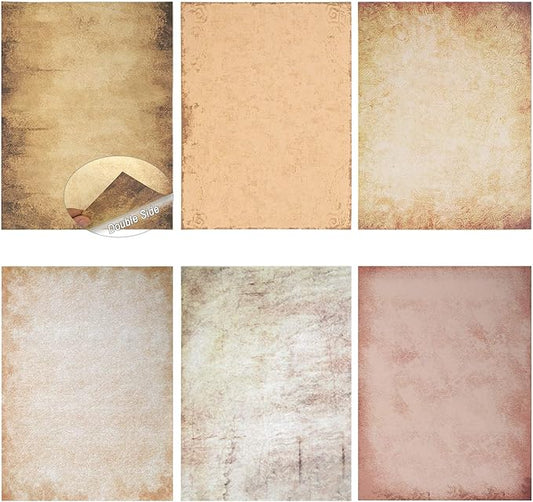 60 Sheets 6 Style Antique Stationary Paper, 8.3 x 11.2 inch A4 Size 100gsm Kraft Double-side Printable Old Aged Vintage Letter Writing Stationery Set for Classic Letters, Poems, Lyrics, Notes