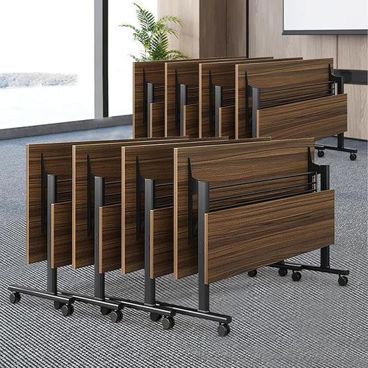 Folding Conference Table, Modern Large Conference Room Tables with Flip-Top Design, Foldable Conference Table Meeting Table with Wheels, Mobile Seminar Training Tables for Office Classroom (8, Walnut)