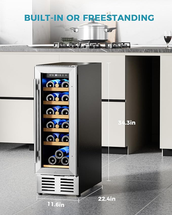 EUHOMY 12 Inch Wine Cooler Refrigerator, Wine Fridge 18 Bottles, Built-in or Freestanding with Double-Layer Tempered Glass Door, Mini Fridge with Quiet and Temperature Memory Function