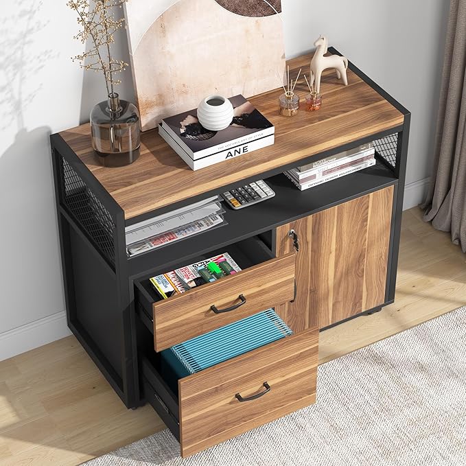 Tribesigns 63" L Shaped Desk with Drawer Cabinet, Executive Computer Desk and lateral File Cabinet, 2 Piece Home Office Furniture with Drawers for Hanging File, Doors with Locks (Brown, 63 inches)