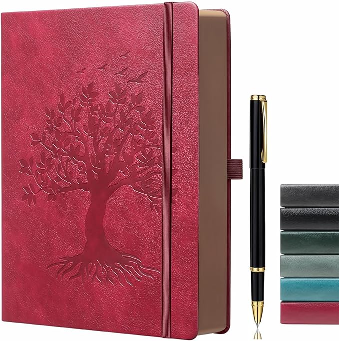 Thick Lined Journal Notebook with Pen, 360 Pages 100gsm Paper, Brown Sprayed Edge, Journal for Writing B5 Ruled Notebook ,Leather Hardcover,Perfect for Work, Office or School, 7.8'' x 10'' Wine Red