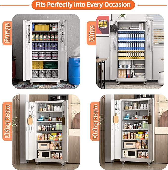 Aobabo Metal Storage Cabinet with Wheels,Heavy Duty Office Storage Cabinet with Lock,Steel Cabinet with 2 Doors and 5 Adjustable Shelves for Office Home School Storage,Required-Assembly White