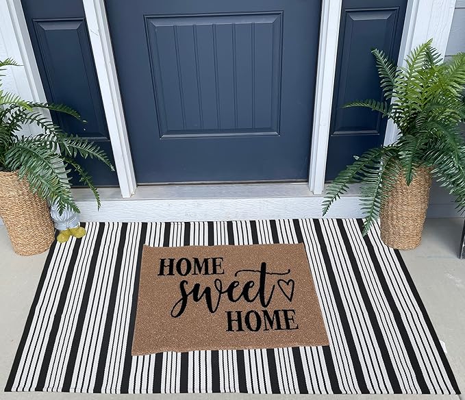 Black and White Striped Outdoor Rug Front Porch Rug 35.4'' x 59'' Front Door Mat Cotton Hand-Woven Reversible Mats for Outdoor,Entryway,Laundry Room,Farmhouse,Kitchen