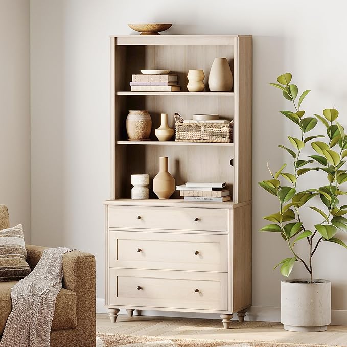 WAMPAT 3 Tier Bookshelf with 3 Drawers, 72" Tall Bookcase Large Farmhouse Display Book Case Shelf with 3-Tier Open Book Shelfs，Library Wood Bookshelves for Living Room,Kitchen, Light Oak