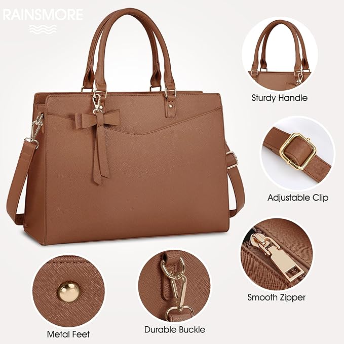 RAINSMORE Laptop Bag for Women 15.6 Inch PU Leather Laptop Tote Professional Business Office Work Bag Waterproof Briefcase Computer Tote Bag Large Lightweight Handbag Shoulder Bag