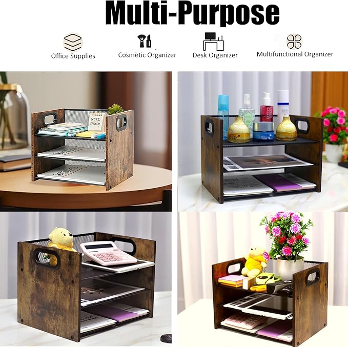 Wood Desk Organizer - 3-Tier Desktop File Organizer, Wooden Paper Tray, Office Desk Organzier and Accessories for Papers, Mail, Notebooks, Stationery