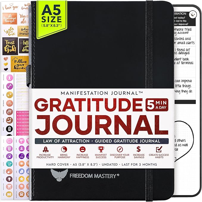 Gratitude Journal for Women & Men - 5 Minute Self Care Journal | 90-Day Undated Daily Planner for Positivity, Affirmations & Manifestation | Guided Mindfulness, Reflection | Vision Board + Stickers