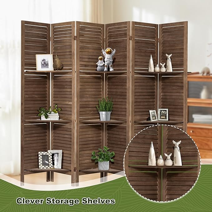 NicBex 6 Panel Room Divider 5.6FT Louvered Design Room Dividers with Display Storage Shelves Folding Privacy Screens Portable Freestanding Partition Wall Dividers for Home Bedroom Office, Dark Brown