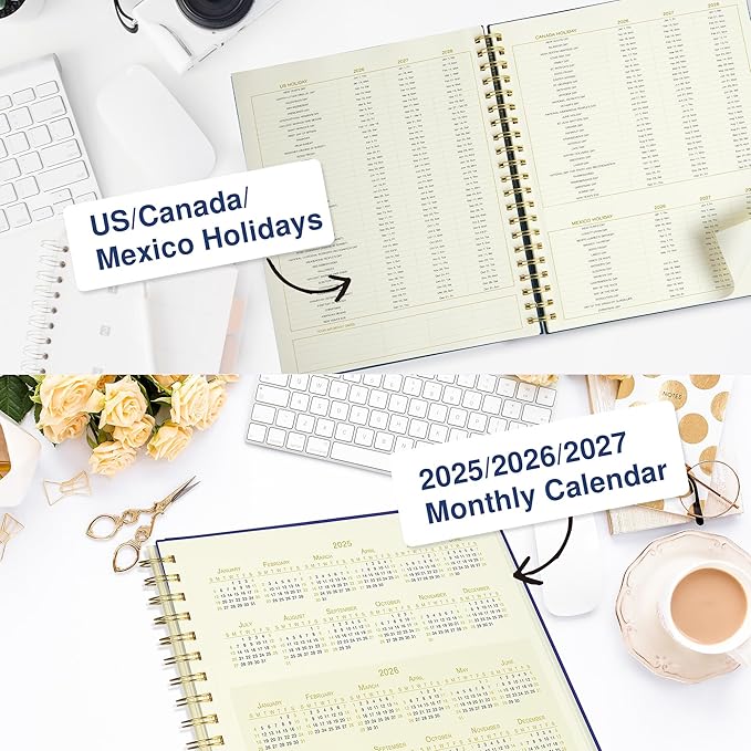 Undated Daily Planner To Do List Hourly Schedule 2027 2026 2025 Calendar & Holiday Habit Tracker 180 Pages Letter Size 8.5" x 11" Sheets Hardcover Spiral Bound Notebook (Navy Blue)