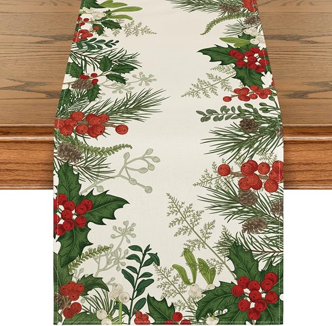 Artoid Mode Holly Pine Cone Christmas Table Runner, Seasonal Winter Kitchen Dining Table Decoration for Home Party Decor 13x48 Inch