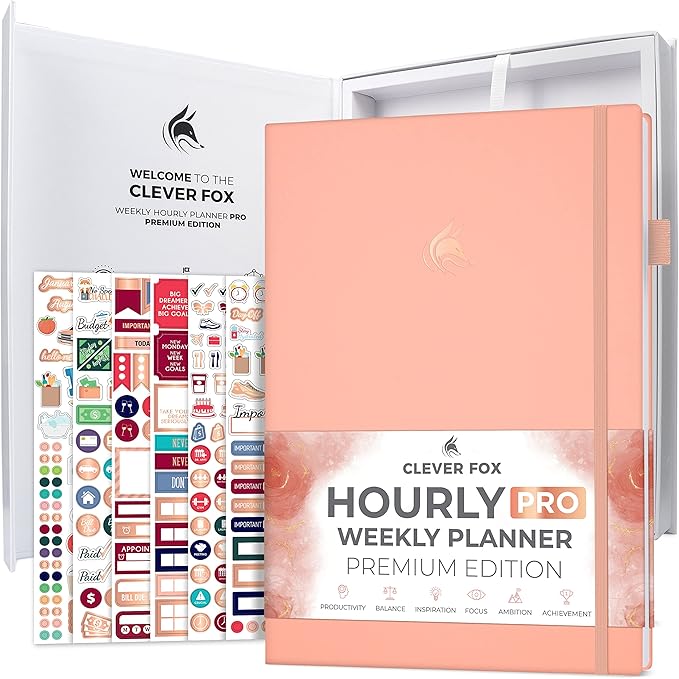 Clever Fox Hourly Planner PRO Premium – Undated Schedule Planner with Daily Time Slots – Personal Organizer Notebook for Time Management – Weekly & Monthly Life Journal, A4 size (Light Pink)